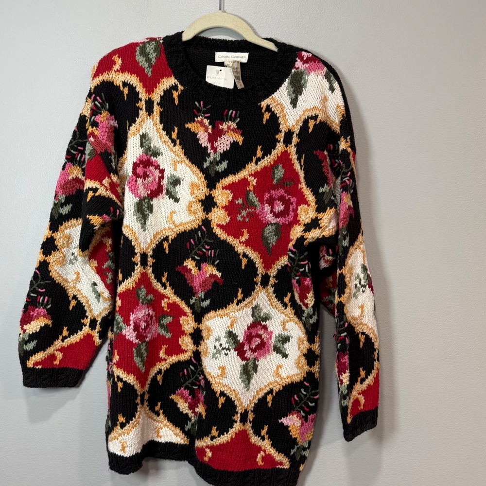 Casual Corner‎ Floral Intarsia Knit Sweater grandma cottagecore  M NOS